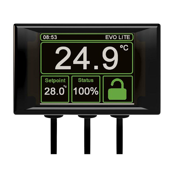a black-coloured MicroClimate Evo Lite vivarium thermostat