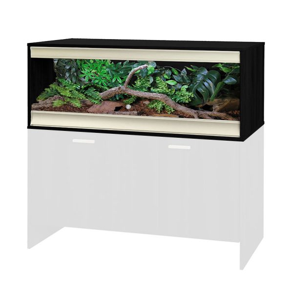 Large black vivexoctic terrestrial vivarium with a greyed out wooden vivarium stand