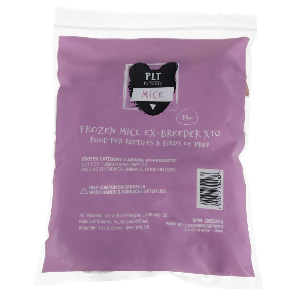 PLT ex‑breeder mice weigh 35–39g and measure 8.5cm long × 2.3cm wide. They offer a reliable whole‑prey option for adult corn snakes, king snakes, rat snakes, monitor lizards, and very large amphibians. Additionally, their balanced nutritional profile supports healthy growth and natural feeding behaviour.